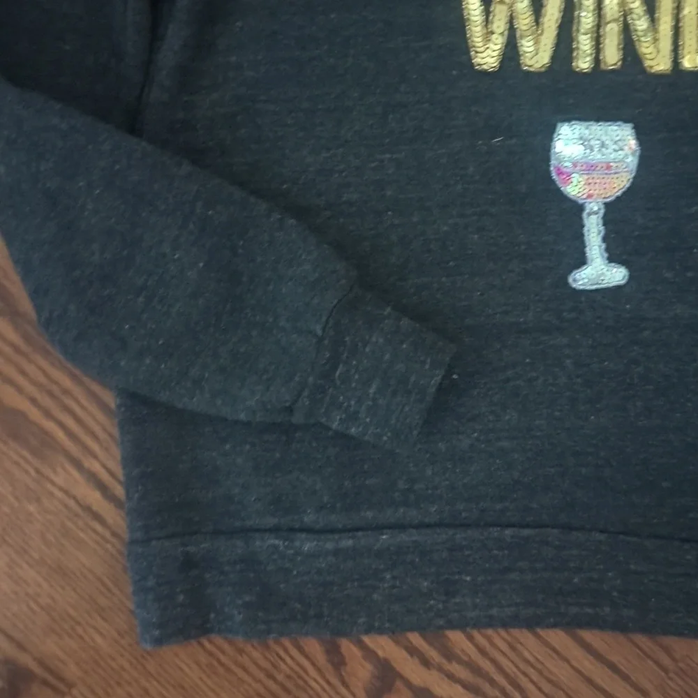 Bow & Drape Gray Crewneck Fleece Top Sequins Say You'll Be Wine whimsical Sz L